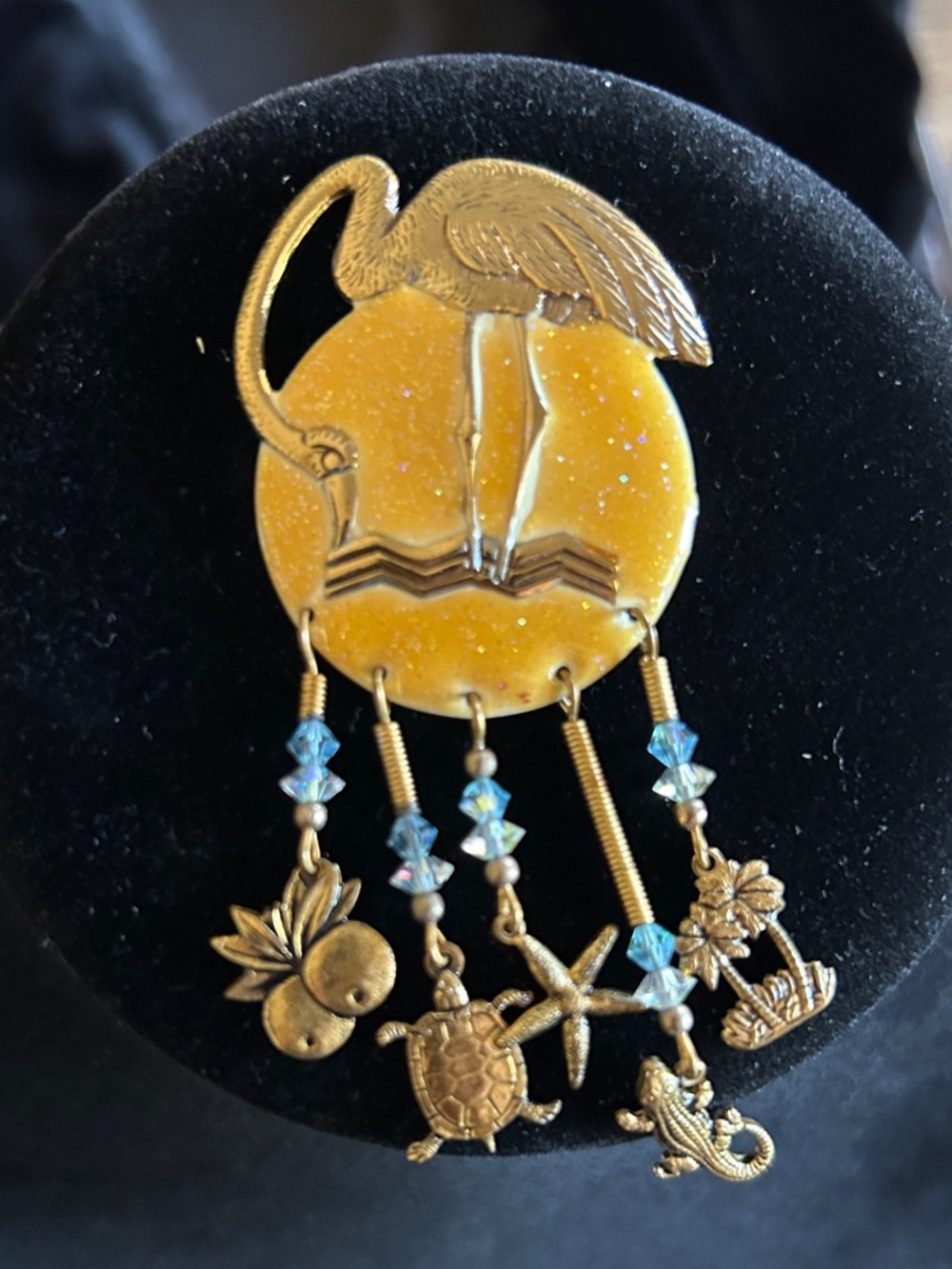 Vintage Moulin Rouge Gold flamingo & Charms Brooch with Yellow Enamel Disc